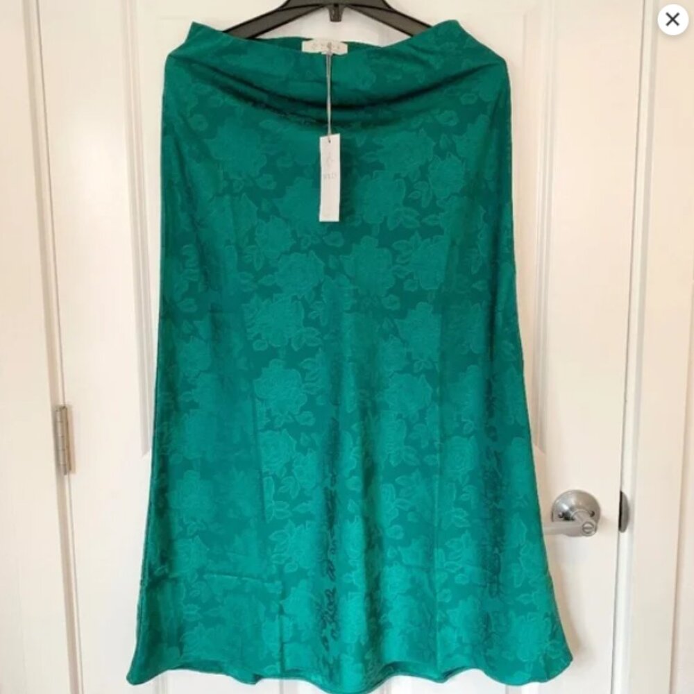 WAYF Green Floral Silky Skirt Sz S Elastic Waist
